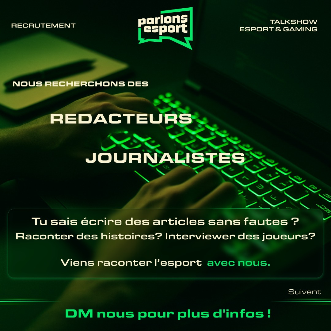 ParlonsEsport's tweet photo. 🚨📰 | PARLONS ESPORT RECRUTE DES REDACTEURS

Parlons Esport cherche à renforcer son pôle journalisme ✒️

Un jeu en particulier vous intéresse ? Vous avez envie de rejoindre un média esport en pleine croissance ? 

N'hésitez pas à nous envoyer un message privé👀