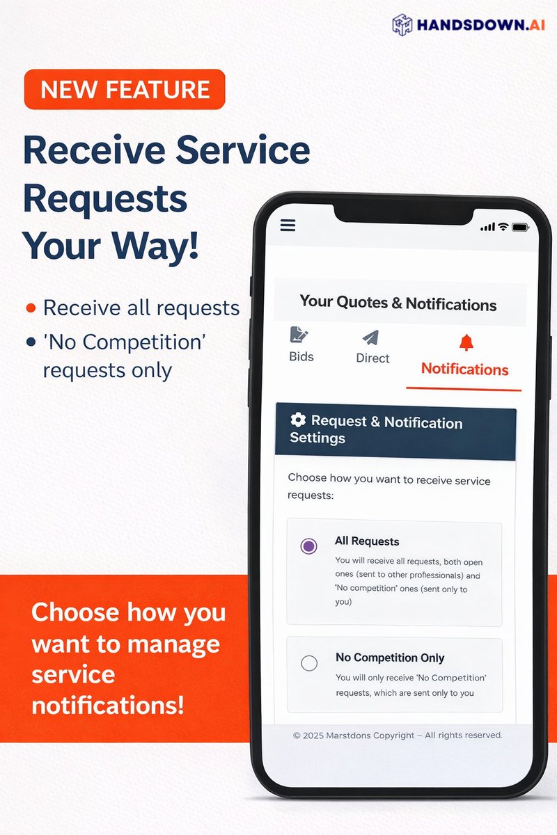 handsdownai's tweet photo. You can choose to get all requests or only no-competition requests—your business, your rules.

Update your notification settings today and never miss the right opportunity.
Log in and customize your preferences now!
https://t.co/eTSHrz1itH
.
#NewFeature #ServiceRequests #SmartNotifications #BusinessTools #ProductUpdate #HandsdownAI #ProfessionalAccount