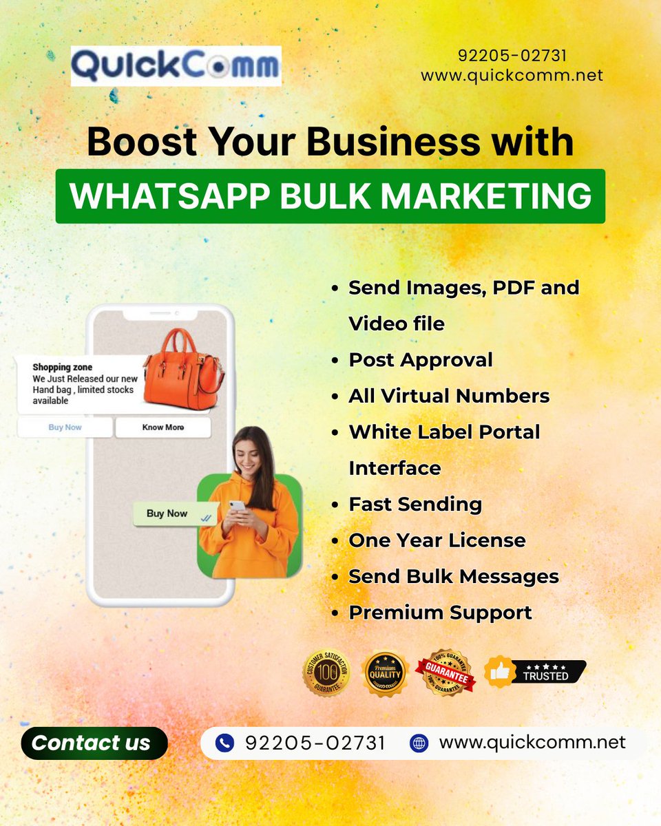 Quickcommtech's tweet image. Holi Offer
Unlimited WhatsApp Bulk Marketing

📦 Features:
✅ Bulk Message Sending
✅ Images, PDF, Video Support
✅ Virtual Numbers
✅ One-Year License &amp;amp; Premium Support

📲 Connect Now: quickcomm.net
| 92205-02731

#WhatsAppMarketing #BulkSender #DigitalMarketing