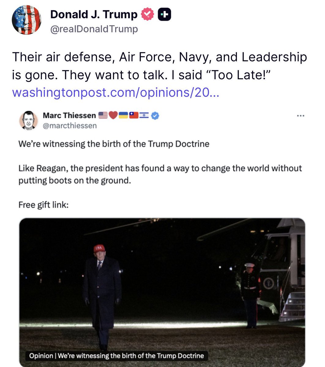 🚨 BREAKING: President Trump confirms Iran’s air defense, Air Force, Navy, and leadership are GONE

“They want to talk. I said ‘Too Late!’”

47 TAKES NO BS 🇺🇸