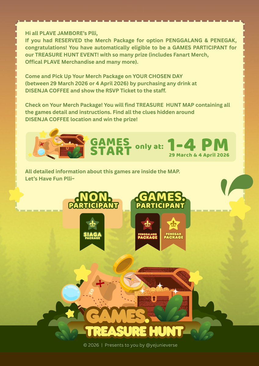 <a href="/vn_vannies/">𝕍 𝕒 𝕟 𝕟 𝕚 𝕖 🍀</a> <a href="/marooncrescents/">Dee 🌸 COMIPARA C14-15</a> <a href="/shrimpdol/">ebi</a> <a href="/gojodreee/">Odre 🖤🤍</a> <a href="/sakiskaiksiaski/">saki 🐈 comipara6 B16-17</a> <a href="/AivaC16/">Aiva.Arts | Open Commiss</a> <a href="/ikandingin/">Ikandingin 🐟❄ COMIPARA6 C14-15</a> <a href="/nagiayambakar/">chiee💙 CMPR6 & CF22 PO 📌</a> <a href="/bamhaneul_02/">밤하늘 | isaᵇᵇᵘ ☆</a> <a href="/ornchid/">rena 🪷</a> <a href="/cheezyaz/">YAZᵇᵇᵘ 🎨 DM For Commis 🫶🏻</a> <a href="/akarimayumii/">mayumi 🧎🏻‍♀️</a> <a href="/juuzu_wa/">jujuu</a> <a href="/yejuniing/">niree</a> <a href="/plliverse_id/">plliverse_id</a> <a href="/store2b_/">Star to Be</a> PLAVE 3rd Anniversary
Café Cupsleeve Event

Jambore: Camp in Our Hearts! 🏕️
📅 29 Maret - 4 April 2026
📍 DISENJA COFFEE, Sudirman, Jakarta

RSVP here:
(link open at: 4 Maret, 19.00 WIB)
form.jotform.com/260501068471047

LINE UP MERCH &amp; INFORMATION 
#PLAVEJAMBORE #CampInOurHearts