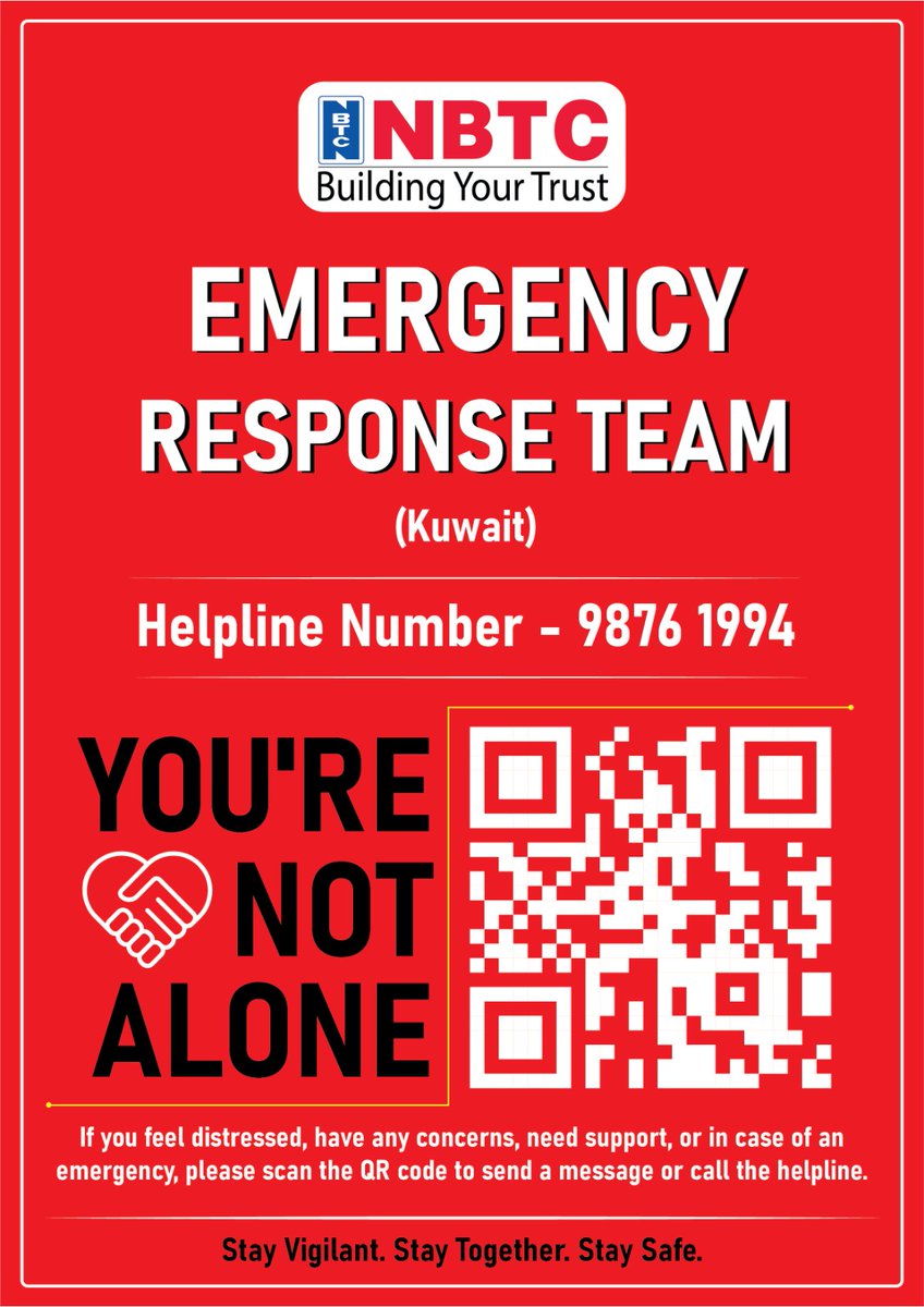 NBTC_Group's tweet photo. NBTC Emergency Response Teams are active 24/7 across UAE, KSA &amp; Kuwait.

If you feel distressed or need support, call your country helpline or scan the QR code shared in the official notice.

You are not alone. We stand together.

Stay Vigilant. Stay Together. Stay Safe.

#NBTC https://t.co/jRcYFLxYzE