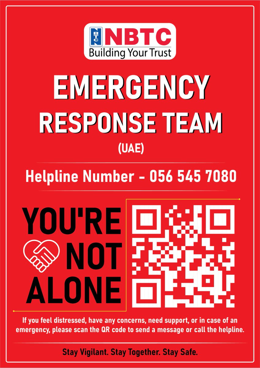 NBTC_Group's tweet photo. NBTC Emergency Response Teams are active 24/7 across UAE, KSA &amp; Kuwait.

If you feel distressed or need support, call your country helpline or scan the QR code shared in the official notice.

You are not alone. We stand together.

Stay Vigilant. Stay Together. Stay Safe.

#NBTC https://t.co/jRcYFLxYzE