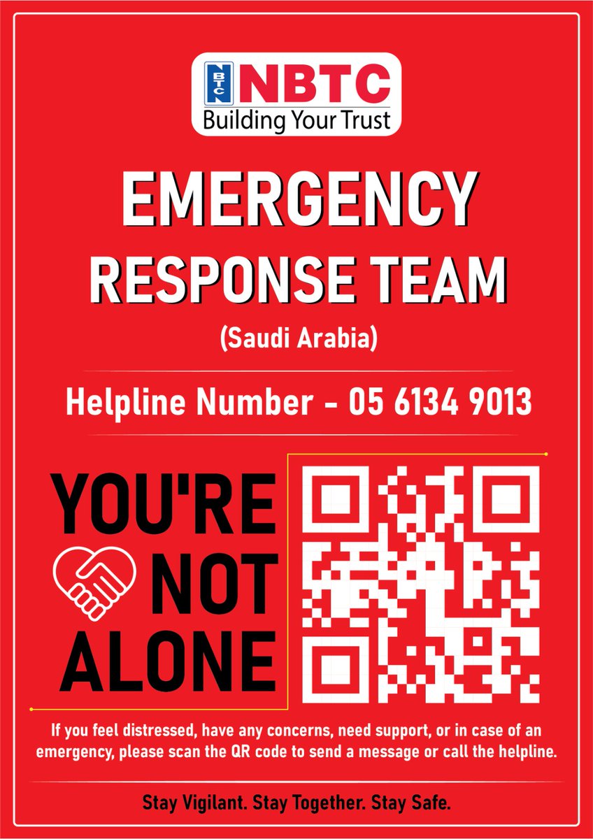 NBTC_Group's tweet photo. NBTC Emergency Response Teams are active 24/7 across UAE, KSA &amp; Kuwait.

If you feel distressed or need support, call your country helpline or scan the QR code shared in the official notice.

You are not alone. We stand together.

Stay Vigilant. Stay Together. Stay Safe.

#NBTC https://t.co/jRcYFLxYzE
