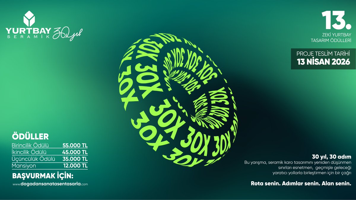 30X, seramik karo tasarımında yenilikçi bakış açılarını görünür kılan bir platform.
13. #ZekiYurtbayTasarımÖdülleri için başvurular devam ediyor. Projeni 13 Nisan 2026’ya kadar yükle, 30X sahnesinde yerini al.

dogadansanatasentasarla.com

#DoğadanSanata #YurtbaySeramik

30X is a