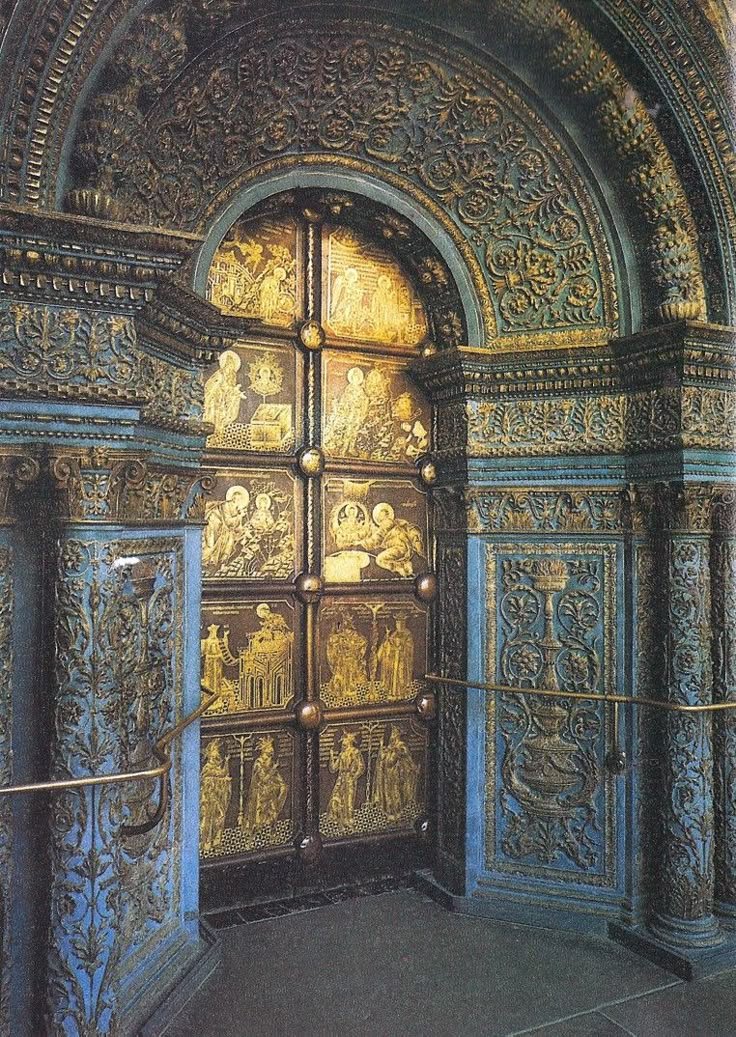 The ornate Northern doorway of the Cathedral of the Annunciation located in the Moscow Kremlin, Russia.