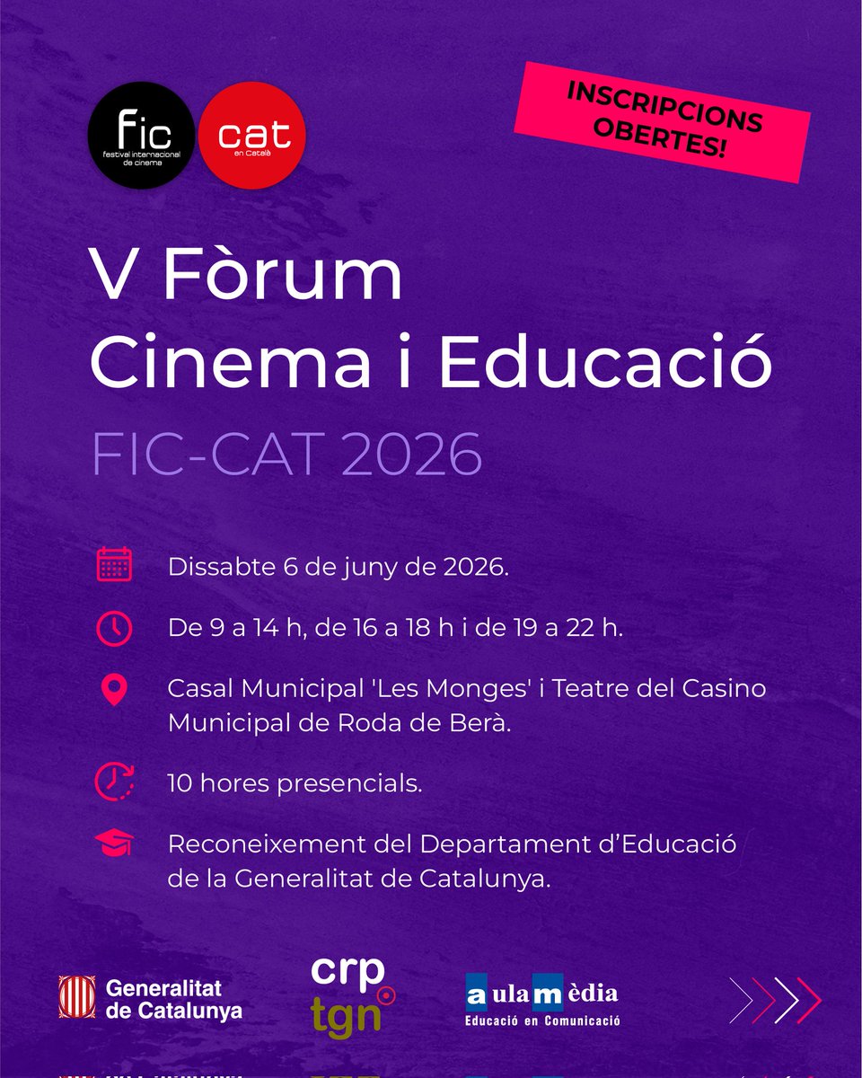 AntonioBarreroG's tweet photo. Dissabte 6 de juny tindrà lloc el V FÒRUM 'Cinema i educació' del @FICCAT 2026, una jornada formativa adreçada als i les docents de tot Catalunya per oferir-los 'les claus per realitzar una bona producció audiovisual escolar'. 
https://t.co/ohceuNHJf9
Amb el suport d'@aulamedia https://t.co/TYWODb6no6