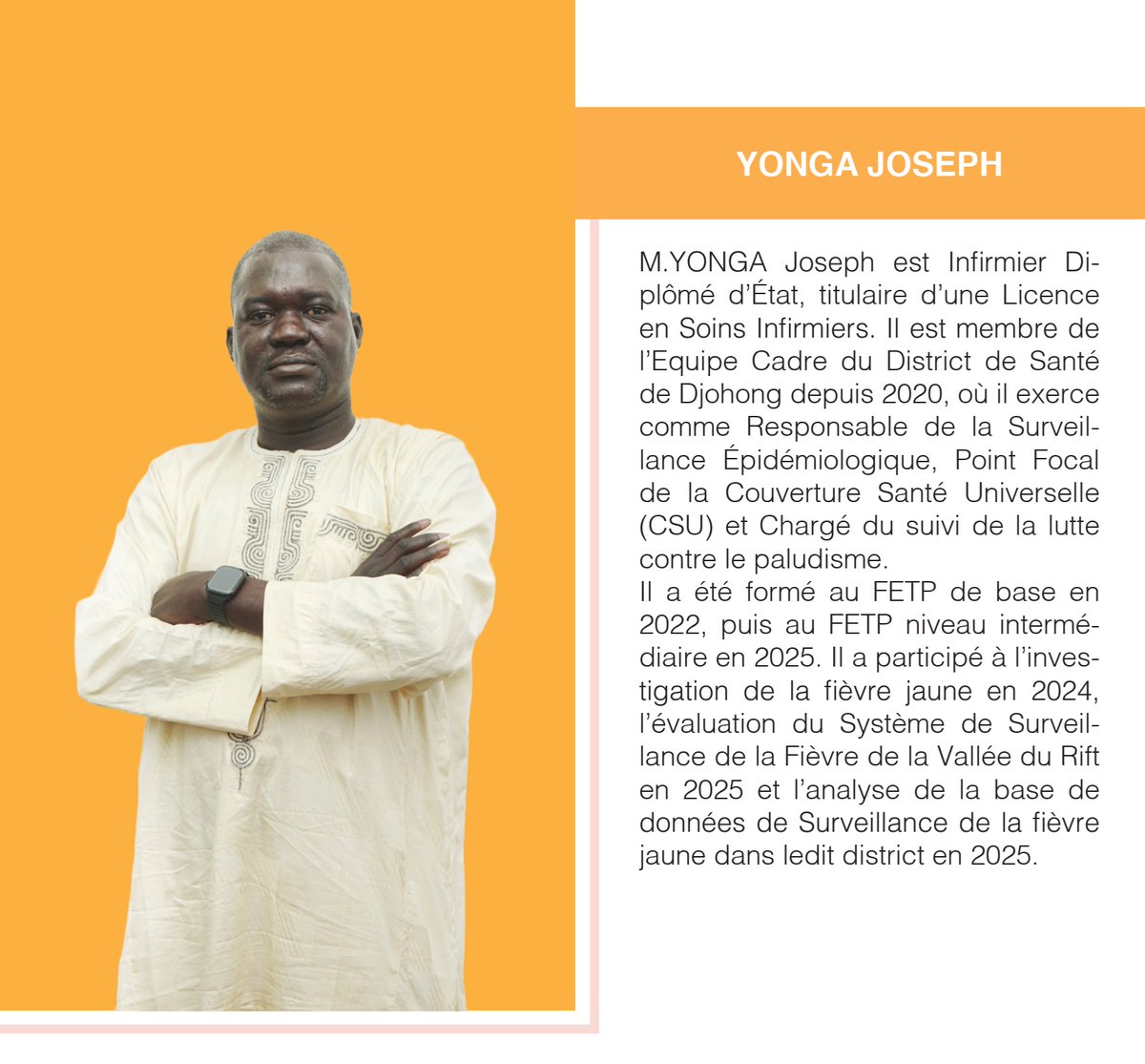 CAFETP21's tweet photo. 🌟Gradué n°39 : YONGA Joseph

Promotion : Cohorte 4⃣

Niveau : Intermédiaire 

Mission : Renforcer la surveillance et la riposte aux épidémies au cœur de nos communautés ! 

Suivez-nous pour découvrir les visages de ceux qui veillent sur votre santé. 

#CAFETP 
#FETP https://t.co/k0qxVSHy1w