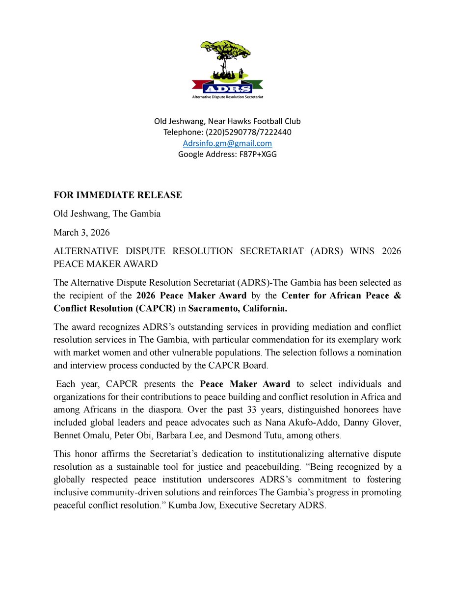 Gambia_ADRS's tweet photo. The Alternative Dispute Resolution Secretariat wins 2026 Peace Maker Award by the Center for African Peace &amp; Conflict Resolution at California State University, Sacramento.

A recognition of impactful mediation and conflict resolution services in The Gambia.

#ADRS #TheGambia https://t.co/qb88OzfV7F