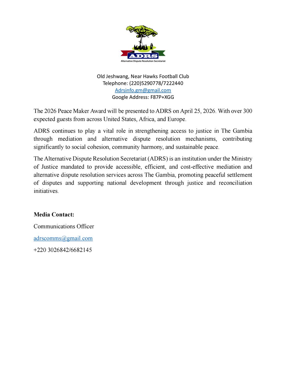 Gambia_ADRS's tweet photo. The Alternative Dispute Resolution Secretariat wins 2026 Peace Maker Award by the Center for African Peace &amp; Conflict Resolution at California State University, Sacramento.

A recognition of impactful mediation and conflict resolution services in The Gambia.

#ADRS #TheGambia https://t.co/qb88OzfV7F