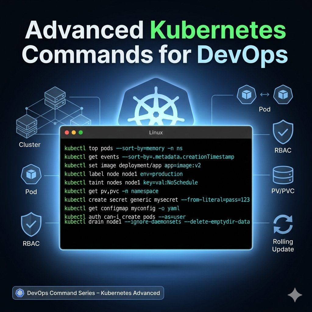 Advanced Kubernetes Commands Every DevOps Engineer Should Know.

Anyone can deploy to Kubernetes. Few know how to control and debug a live cluster.

These 10 commands separate operators from observers:

1. kubectl top pods --sort-by=memory -n ns

Show pod resource usage sorted by