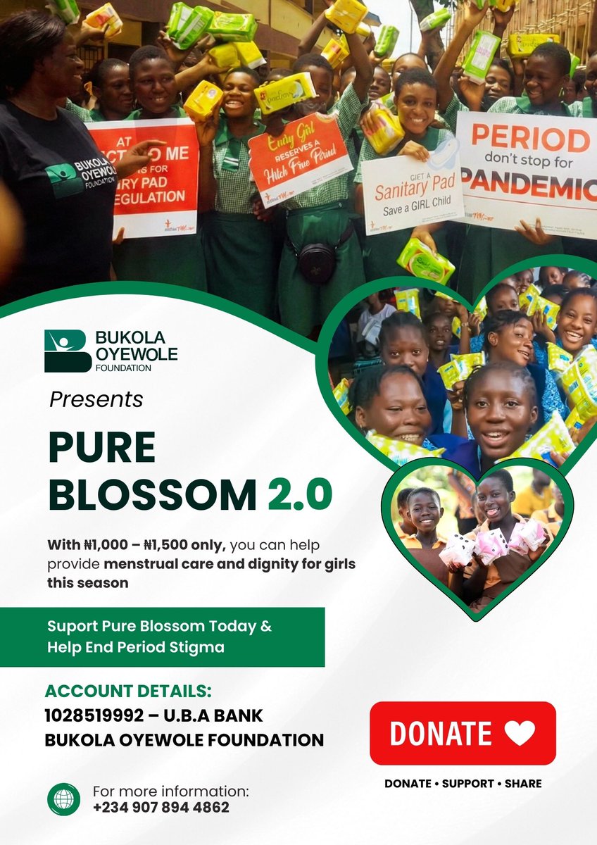 Pure Blossom 2.0 is coming soon, and we can’t do it without your donations.

We’re calling on friends, partners, and believers in this vision to support us through donations.

Account Name: Bukola Oyewole Foundation.
Bank: UBA
Account Number: 1028519992

#PureBlossom