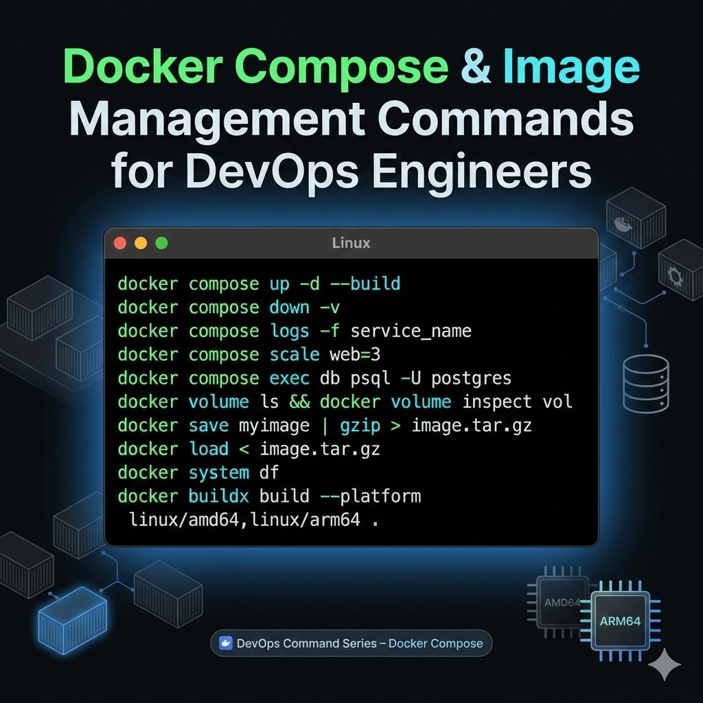 Docker Compose &amp; Image Commands Every DevOps Engineer Should Know.

Running one container is easy.
Managing multi-service apps is where DevOps begins.

These 10 commands are used in real-world deployments:

1. docker compose up -d --build

Build and start all services in detached