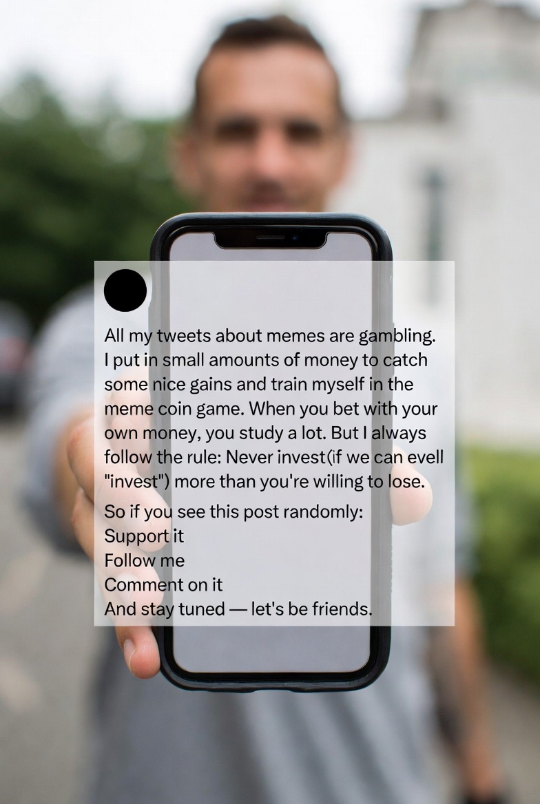 Wesgoa's tweet image. All my #tweets about #memes are #gambling. I put in small amounts of #money to catch some nice gains and train myself in the meme coin game.

When you bet with your own money, you study a lot. But I always follow the rule: Never invest (if we can even call it "invest") more than