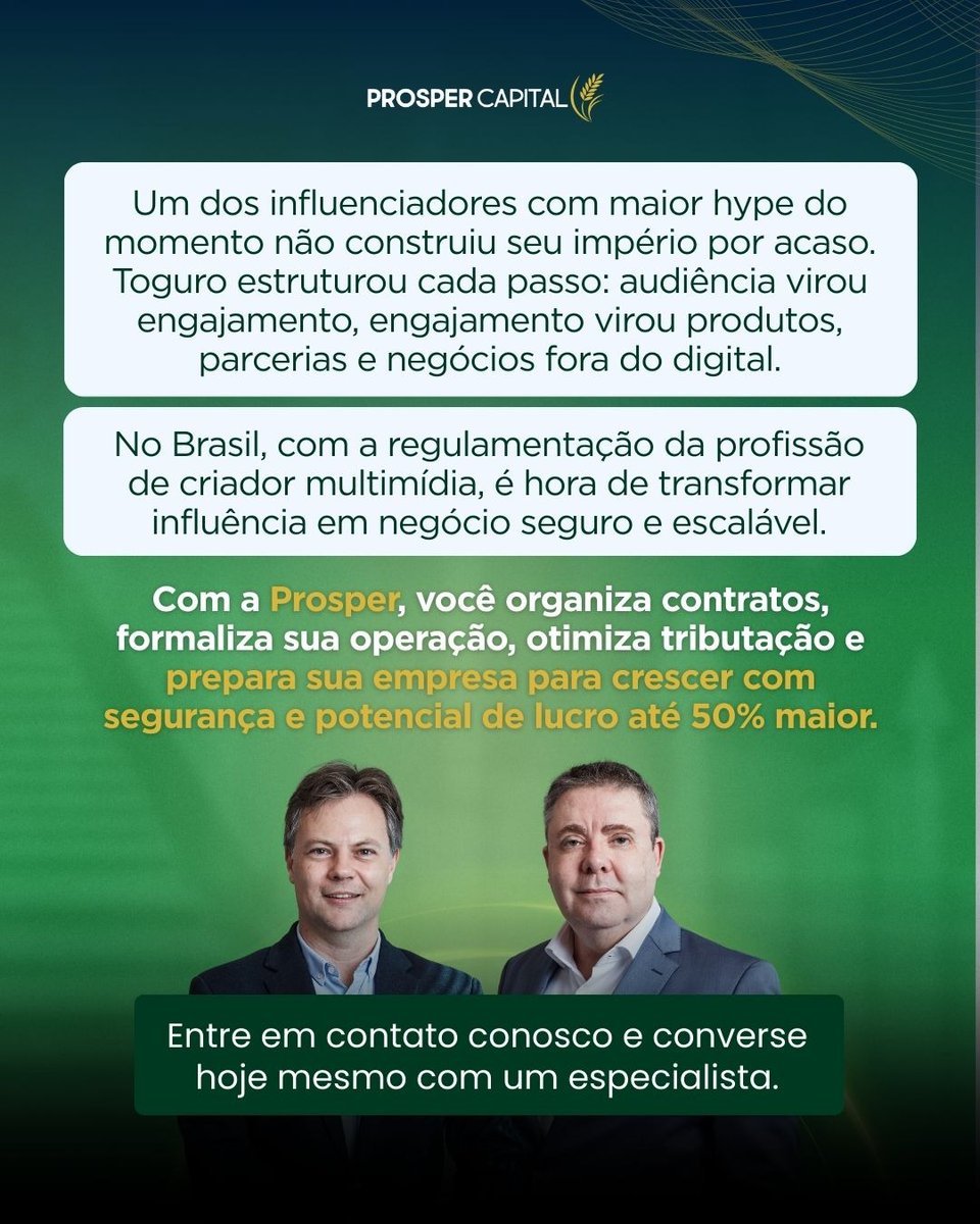 prospercapital's tweet photo. Você sabe como Toguro transformou memes e vídeos em um hub de negócios? Assim como MrBeast, Boca Rosa e CR7, ele provou que audiência só vira império quando usada com estratégia. Profissionalize seu conteúdo com a Prosper e aumente seu lucro: https://t.co/rau3S7O59D https://t.co/LfWWeo885c