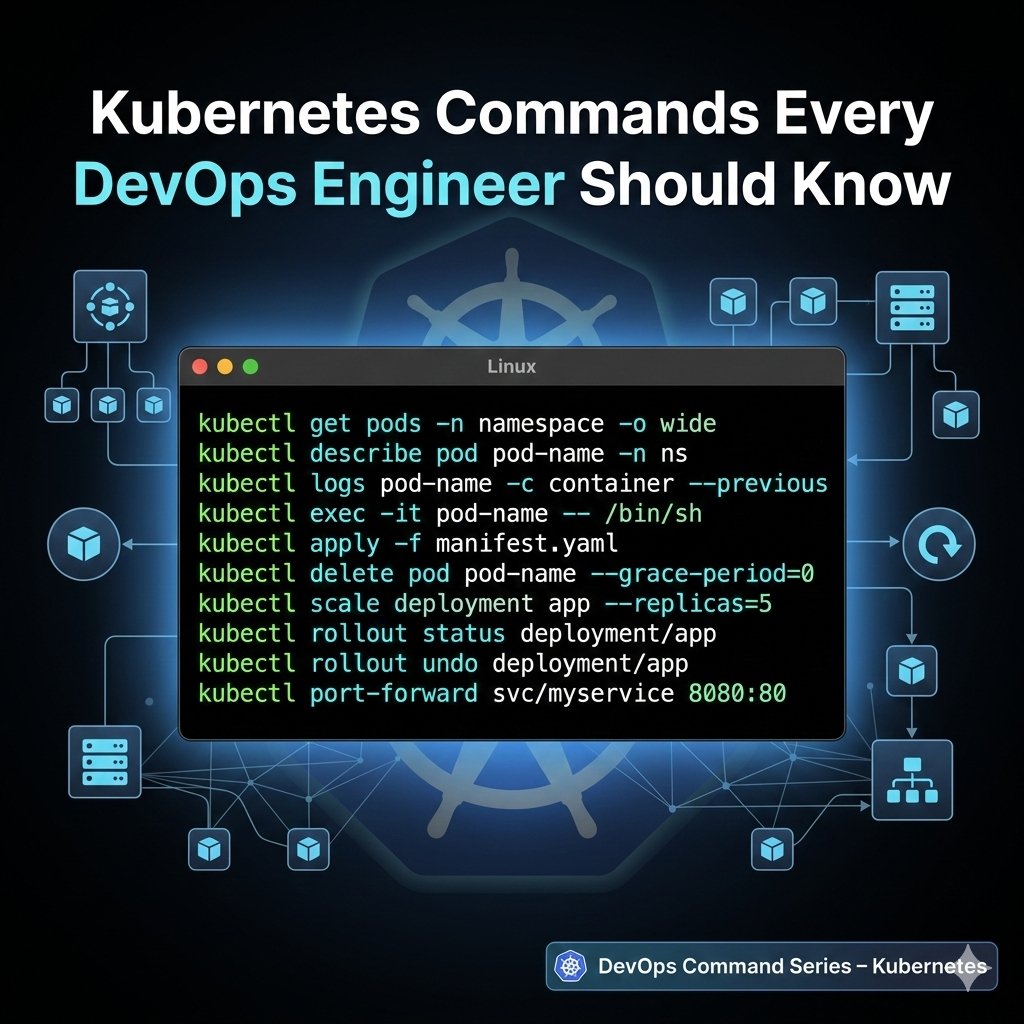 Kubernetes Commands Every DevOps Engineer Should Know.

In Kubernetes, things don’t fail quietly.

These 10 kubectl commands will save you during real production incidents:

1. kubectl get pods -n namespace -o wide

List pods with node and IP details.
First step in debugging.

2.