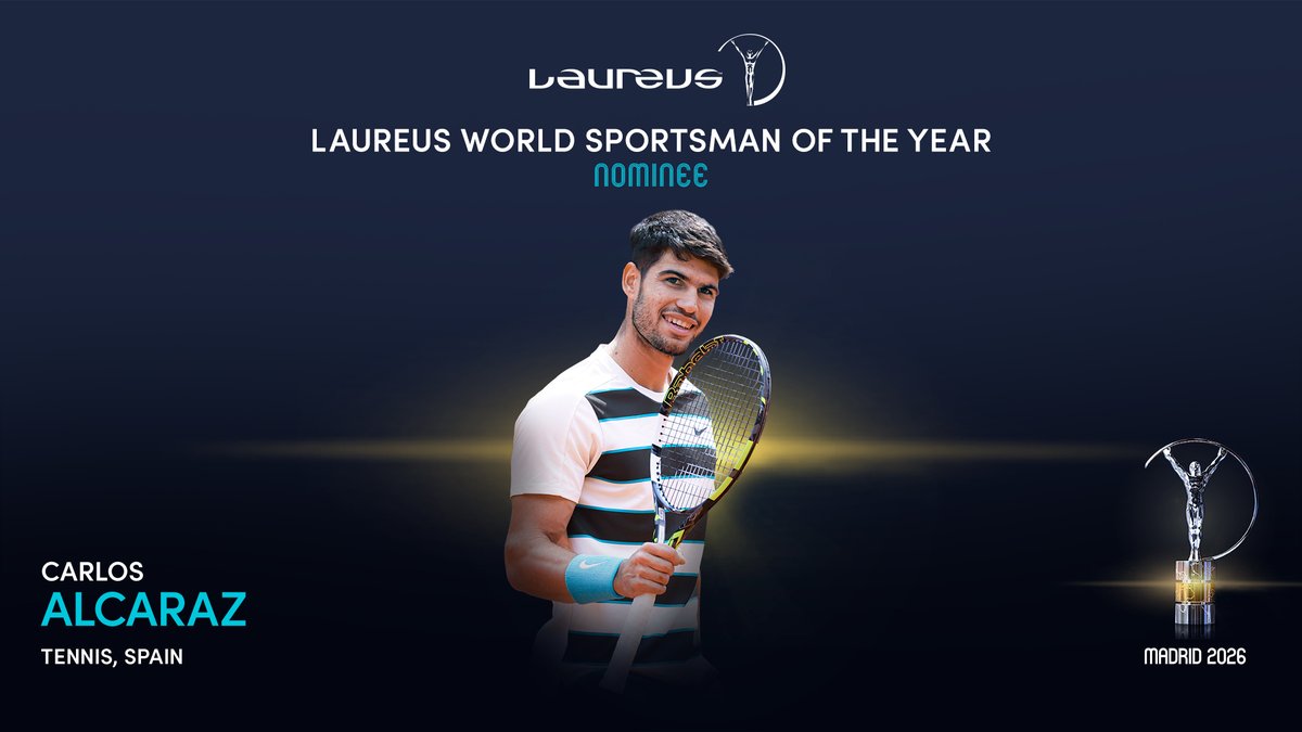 LaureusSport's tweet photo. A memorable 2025 for Carlos Alcaraz saw him win Grand Slam titles at Roland-Garros and the US Open, as well as three ATP 1000 titles.

The Laureus World Sportsman on the Year Nominee ended the year with a 71-9 win-loss record and the year-end World No.1 ranking.

#Laureus26 https://t.co/9m4USaO3A7