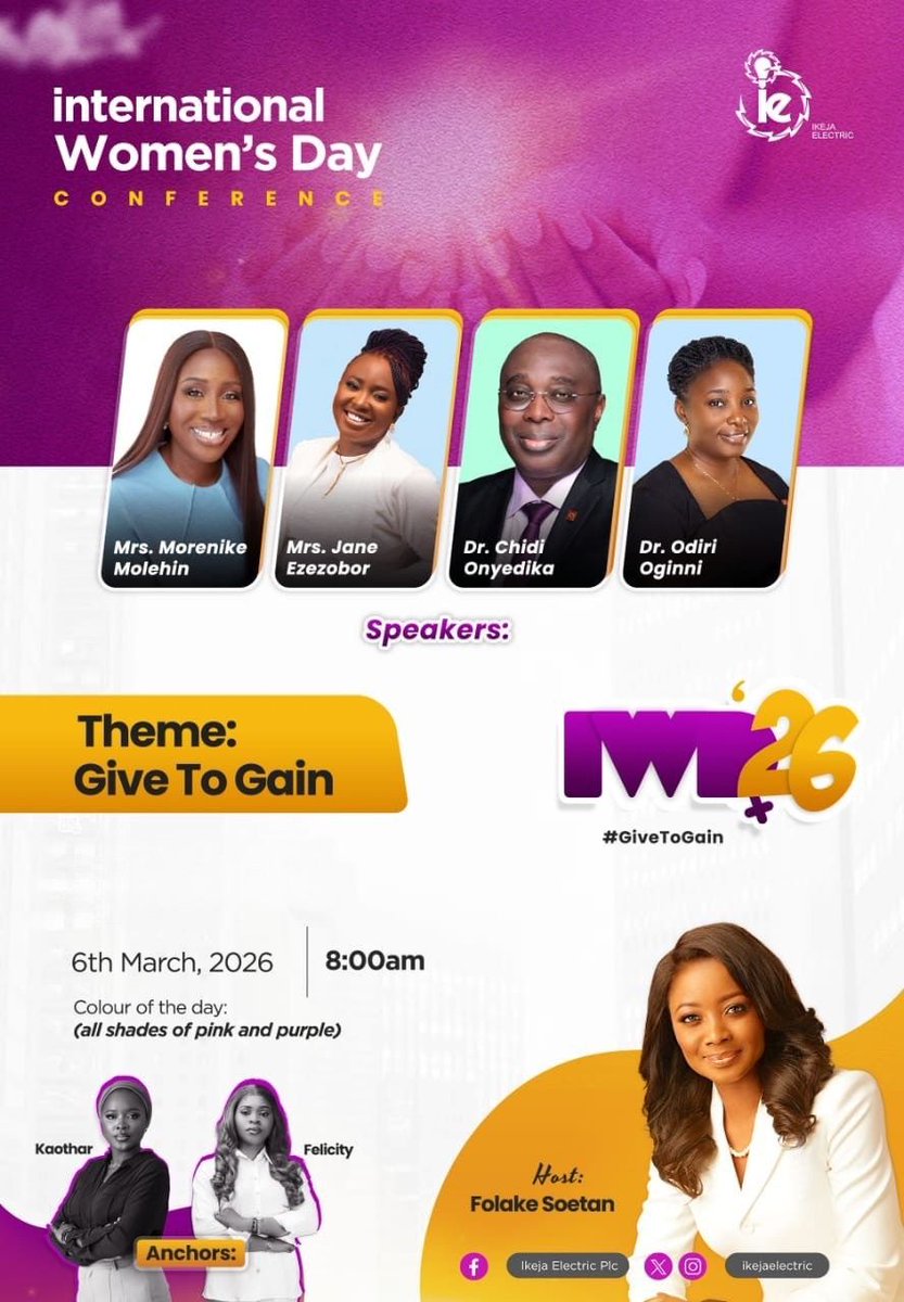 IkejaElectric's tweet photo. International Women’s Day Conference 2026 is here.

As we embrace this year’s powerful theme, #GiveToGain, we are reminded that impact multiplies when we empower, uplift, and intentionally invest in one another.

At Ikeja Electric, we believe that when women rise, organizations thrive, and progress becomes sustainable.

#IWD2026 
#GiveToGain 
#BringingEnergyToLifeResponsibly