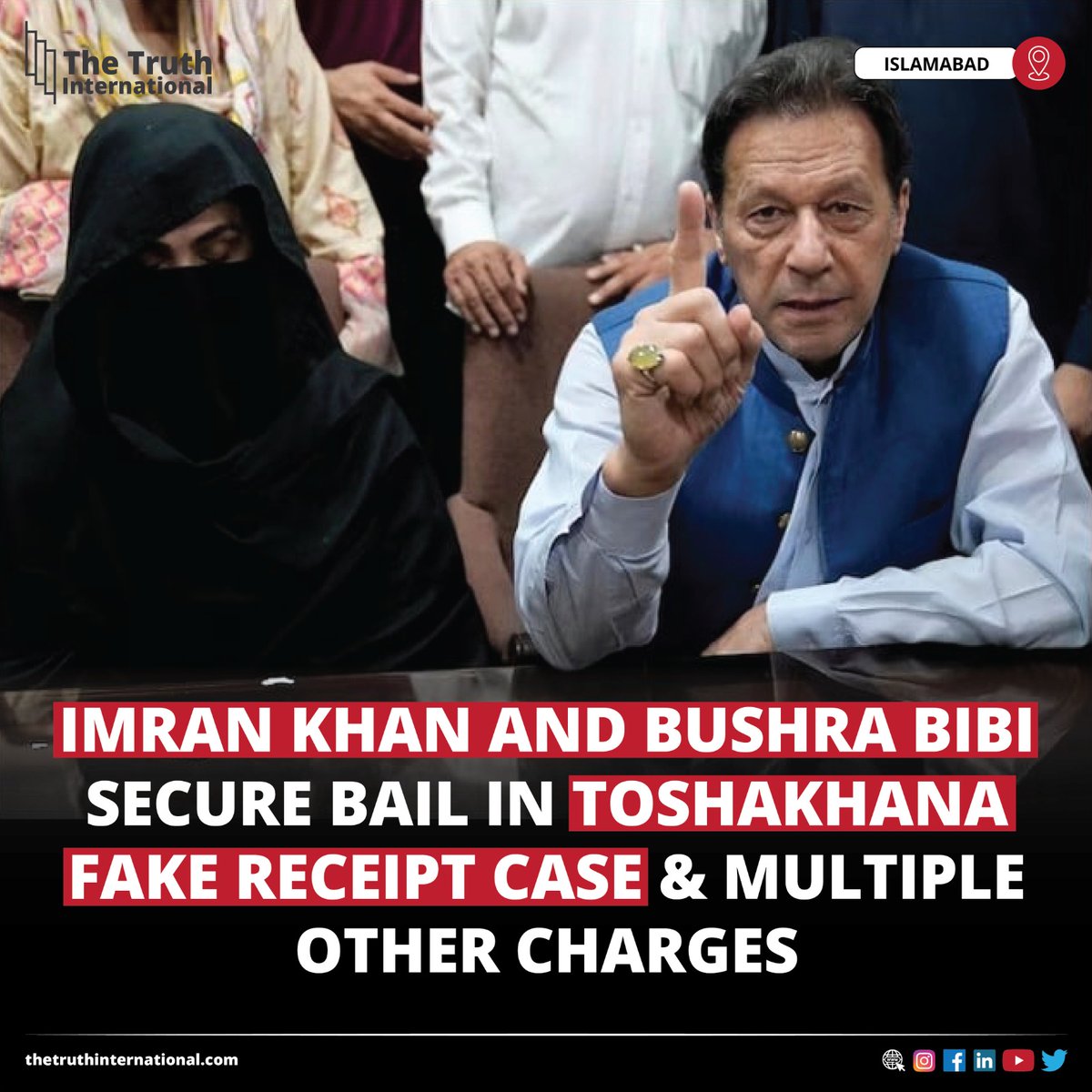 ttimagazine's tweet image. Imran Khan and Bushra Bibi Secure Bail in Toshakhana Fake Receipt Case and Multiple Other Charges

READ MORE: thetruthinternational.com/imran-khan-and…

#ImranKhan #BushraBibi #Secure #Bail #Toshakhana #Fake #ReceiptCase #Multiple #Charges #Islamabad #TTI