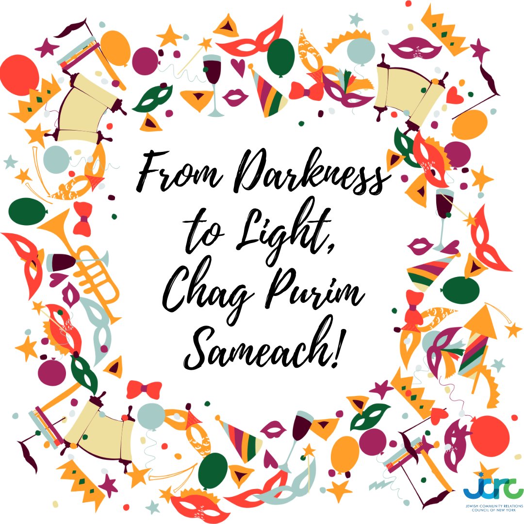 JCRCNY's tweet image. Purim reminds us: joy, justice, and courage go hand in hand. Chag Purim Sameach from your friends at JCRC-NY! 🎭 #Purim #Esther #JCRC-NY #JewishJoy