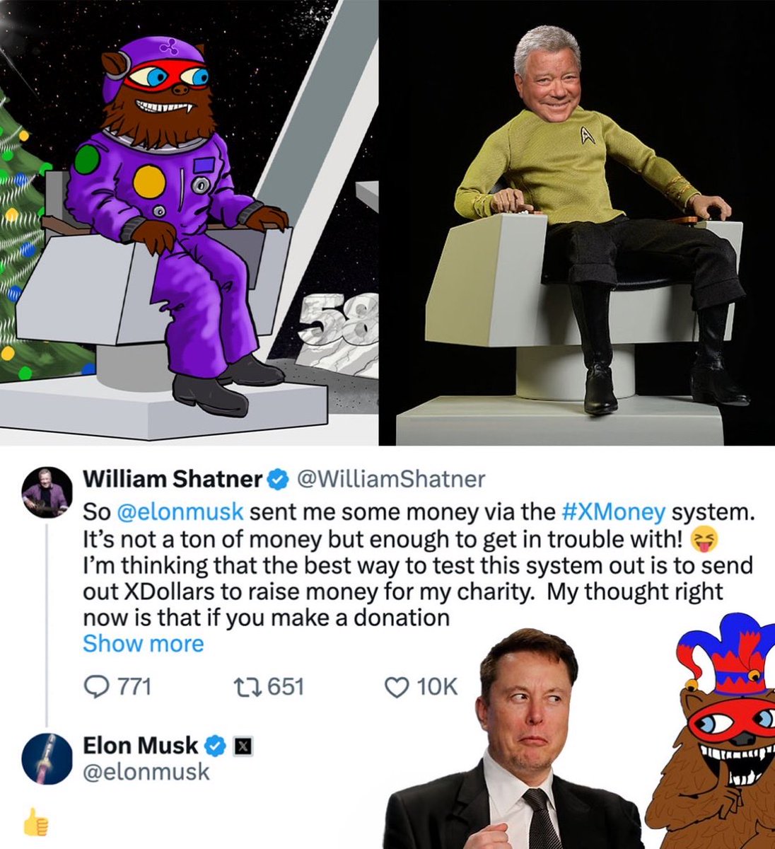 NFAdotcrypto's tweet photo. William Shatner promoting Elon’s X Money 2 months after @bearableguy123 featured himself in Captain Kirk’s chair makes Shatner’s 589 connections even crazier… 🫠 https://t.co/1TyW16qclr