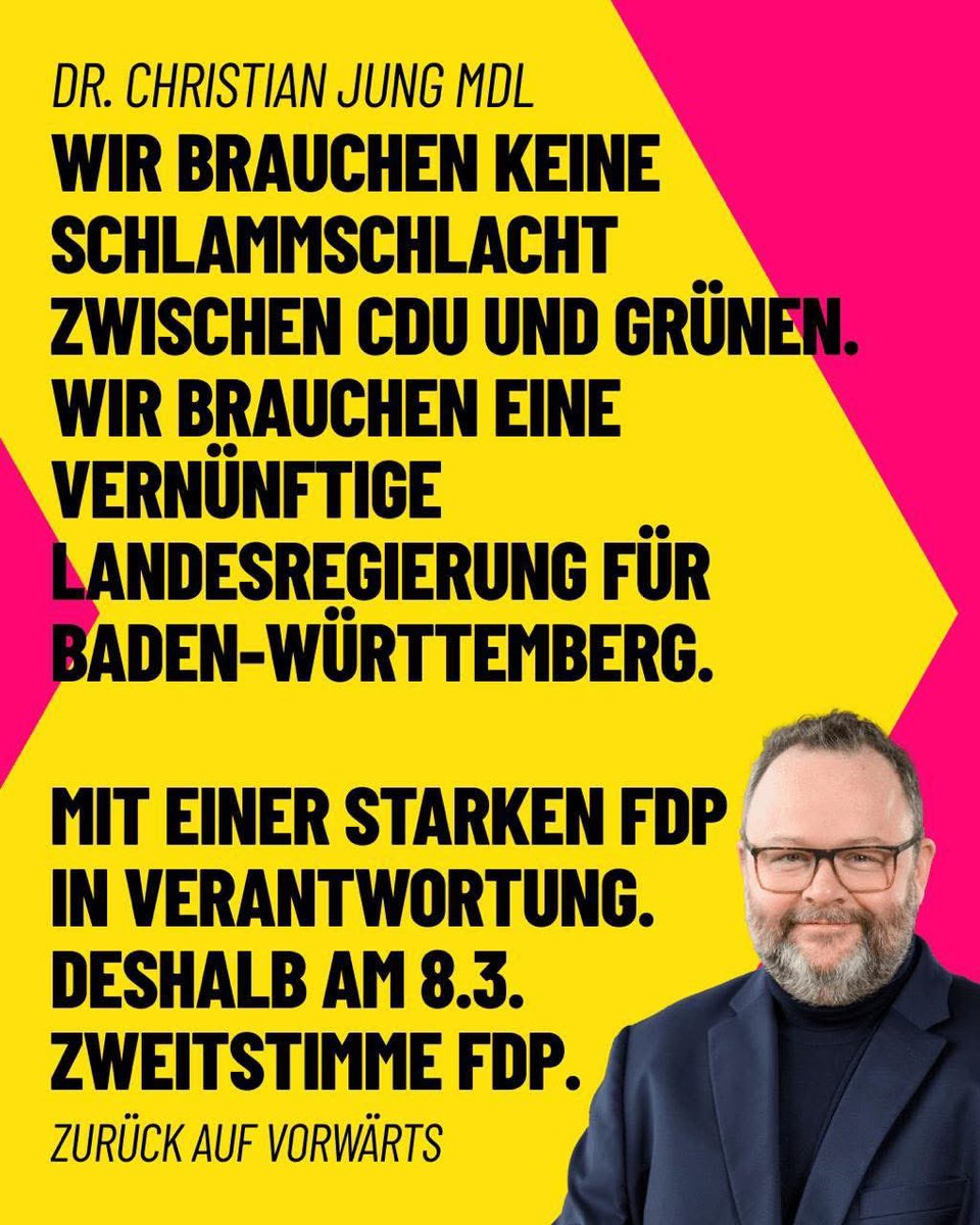 c_jung77's tweet image. Was jetzt wichtig für Baden-Württemberg ist: Wir brauchen keine Schlammschlachten, sondern eine vernünftige Landesregierung mit einer starken FDP in der Verantwortung! Bei allen Umfragen steht die FDP bei mindestens 6%. Deshalb am 8.3. mit der Zweitstimme FDP. #fdp