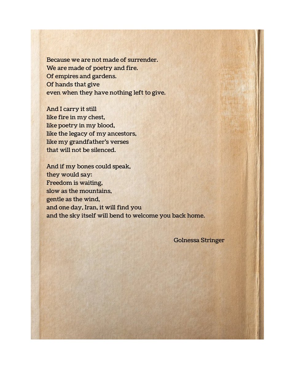 My heart is breaking seeing images &amp; videos of #Tehran.
As someone who fled the Iran-Iraq war the images of destruction &amp; the sound of the sirens has been incredibly traumatic. 
My poem, for my brothers and sisters back home in #Iran. You are all in our hearts. Praying for peace.