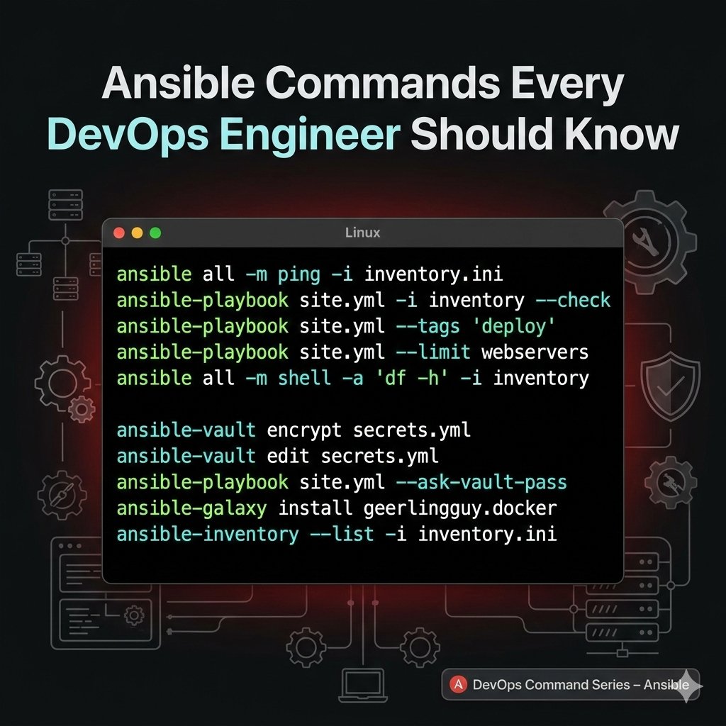 Ansible Commands Every DevOps Engineer Should Know.

If you’re still configuring servers manually,
you’re not doing DevOps.

These 10 Ansible commands power real infrastructure automation:

1. ansible all -m ping -i inventory.ini

Ping all hosts in inventory.
Quick connectivity
