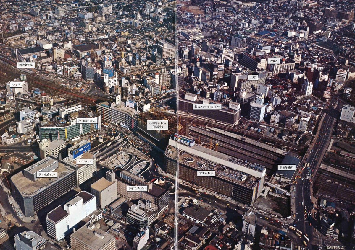 urakutenism's tweet photo. 新宿区史より1966(昭和41)年頃の新宿駅前。西口ではちょうど小田急デパートが建設の真っ最中。 https://t.co/keNhPOmAC1