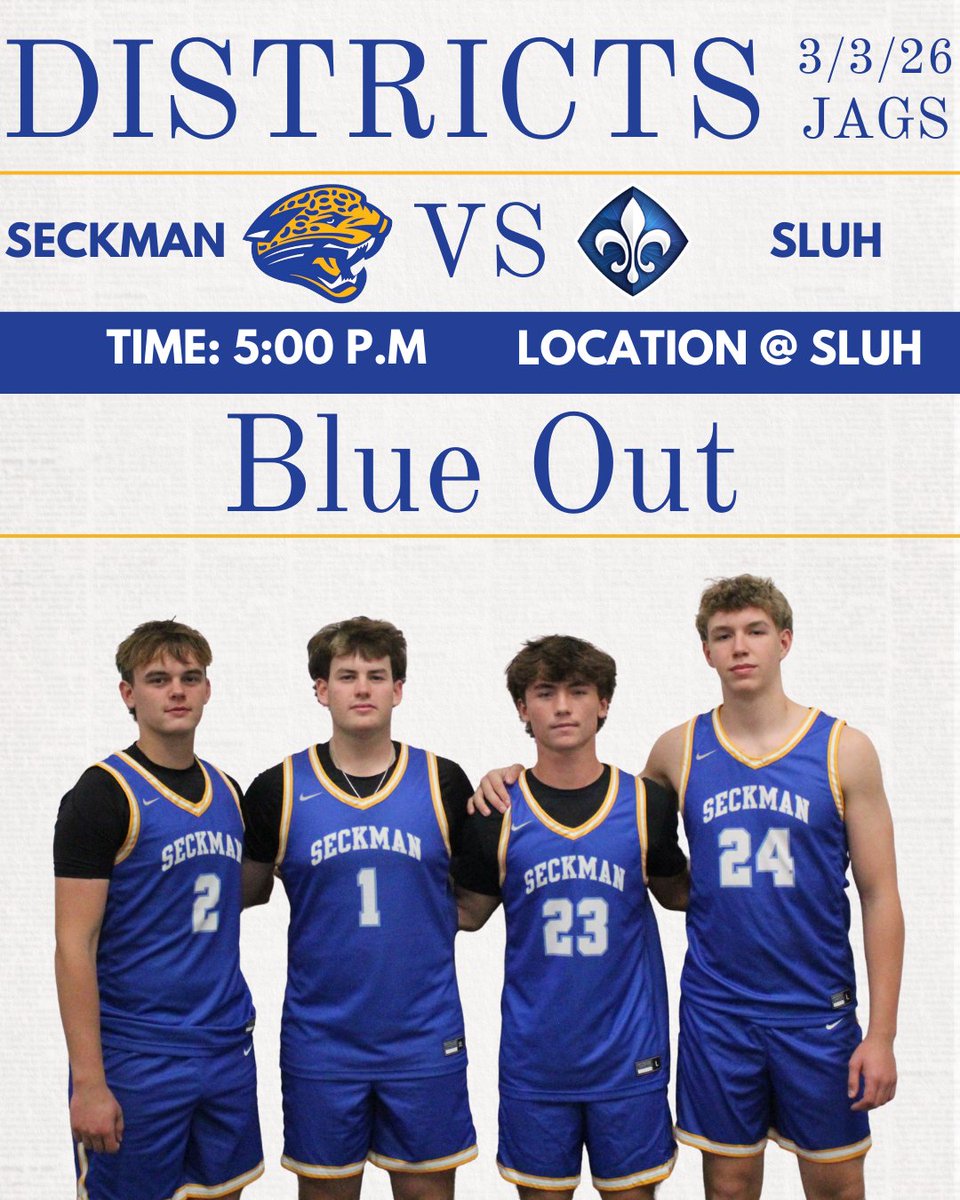 Seckman_Hoops's tweet photo. Gameday! The boys travel to SLUH to take on the JR. Bills at 5pm. The theme is blue out! Make your way out to support the Jags! #RollJags https://t.co/ummWZOUkTc
