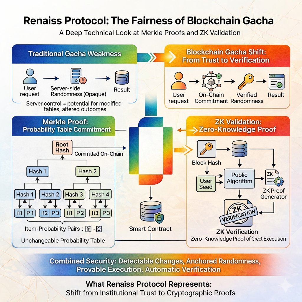 yesuda151's tweet photo. Blockchain gacha shouldn’t require trust — it should require math.

Renaiss Protocol makes draws verifiable:

• Merkle root commits probabilities on-chain (changes = detectable)
• Block hash + seed = unbiased randomness
• ZK proof = correct execution or it fails https://t.co/Bp1TgNuksJ