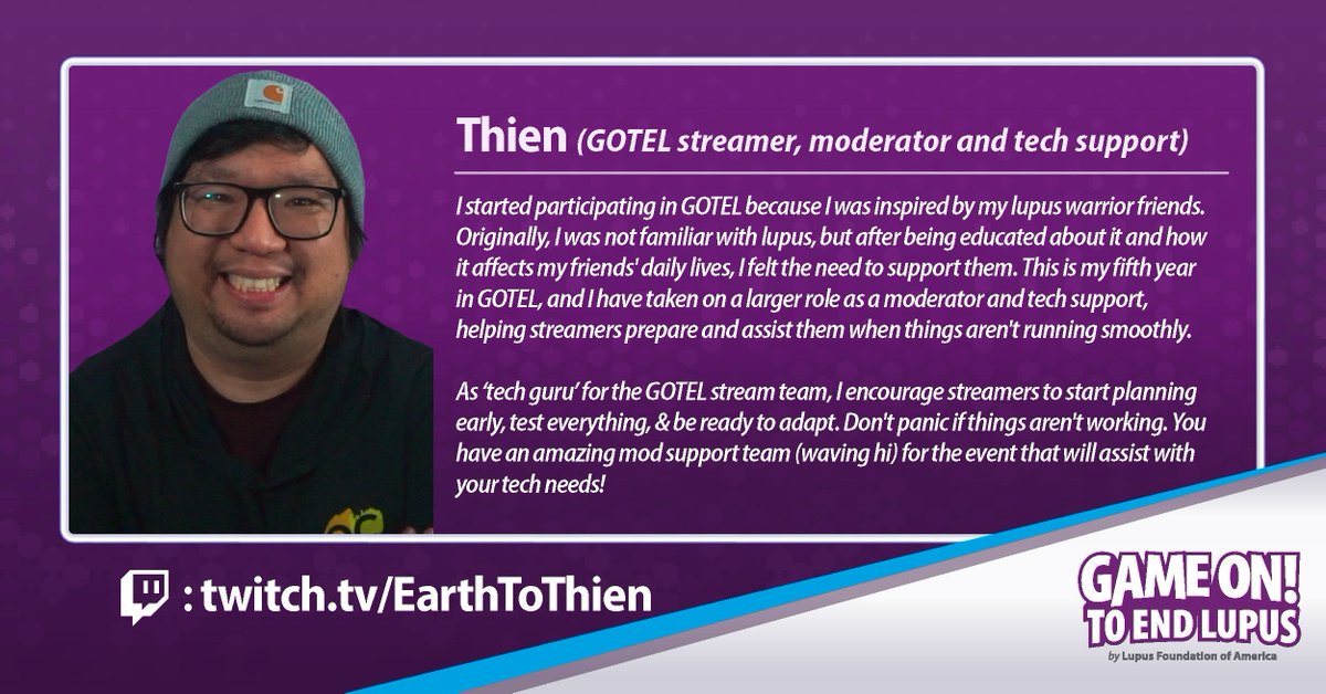 LupusOrg's tweet photo. Meet @earthtothien. A 5 year #GOTEL participant who streams, moderates, &amp; helps others along the way. He’s found community while helping build it for others.

Join Thein &amp; others May 1–3 — &amp; all May long — as we stream, fundraise, &amp; raise #lupus awareness: https://t.co/gj056BPV3d https://t.co/kc8UwHhTNv