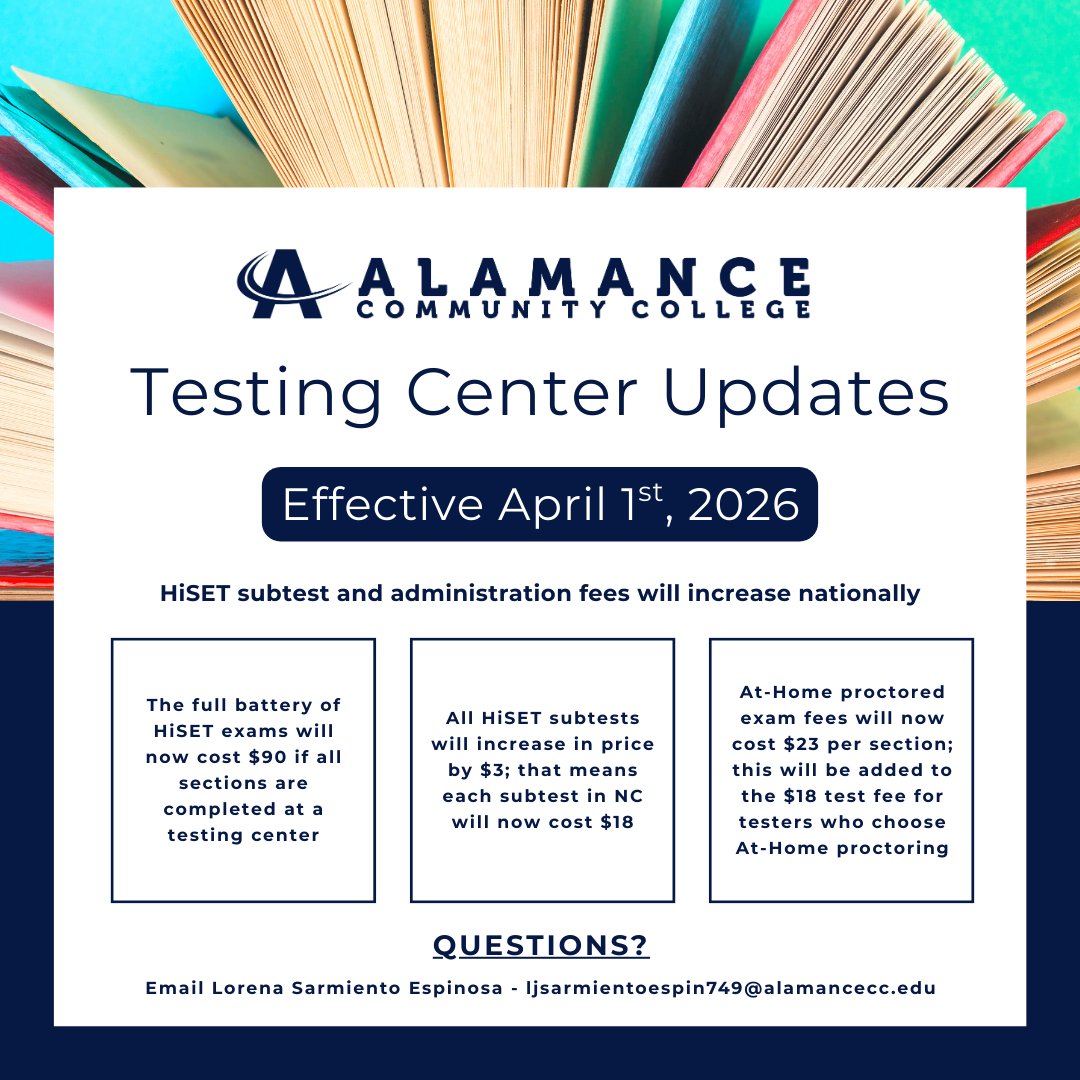 AlamanceCC's tweet image. Effective April 1st the HiSet testing fees will go up nationally. If you are a student of Alamance Community College you may request a scholarship through the College and Career Readiness program. #HSE #AdultEdMatters #StudentSuccess #WorkReady
