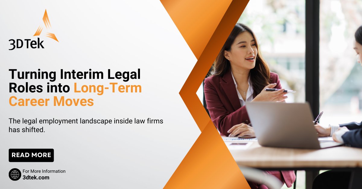 3DTek's tweet photo. Interim and project-based roles now play a central role in hiring as firms navigate uneven deal flow, fluctuating litigation demands, and uncertainty in capital markets. #3DTek #ExecutiveSearch #LegalRecruiting #LegalJobs  https://t.co/HlKCMDI9Ze https://t.co/yK1m67KmjP