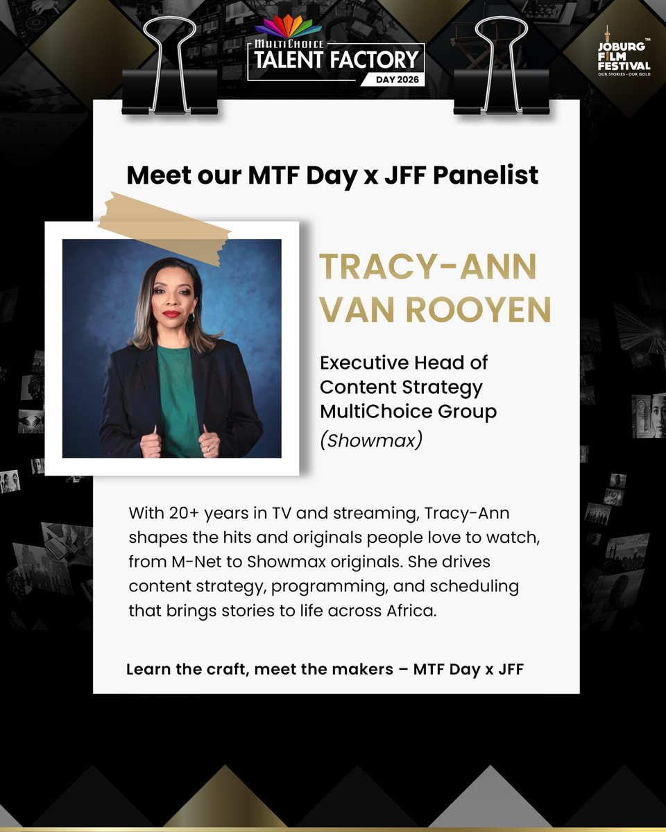 MCTalentFactory's tweet photo. The MTF Day x JFF panel is stacked.
Meet:
Tebogo Matlawa
Waldimar Pelser
Shirley Adonisi
Tracy-Ann van Rooyen
Swipe through to get to know the names shaping the industry right now.
#MTFDay #FeelTheFrame #EnrichingLives https://t.co/z9jsCR8ESZ