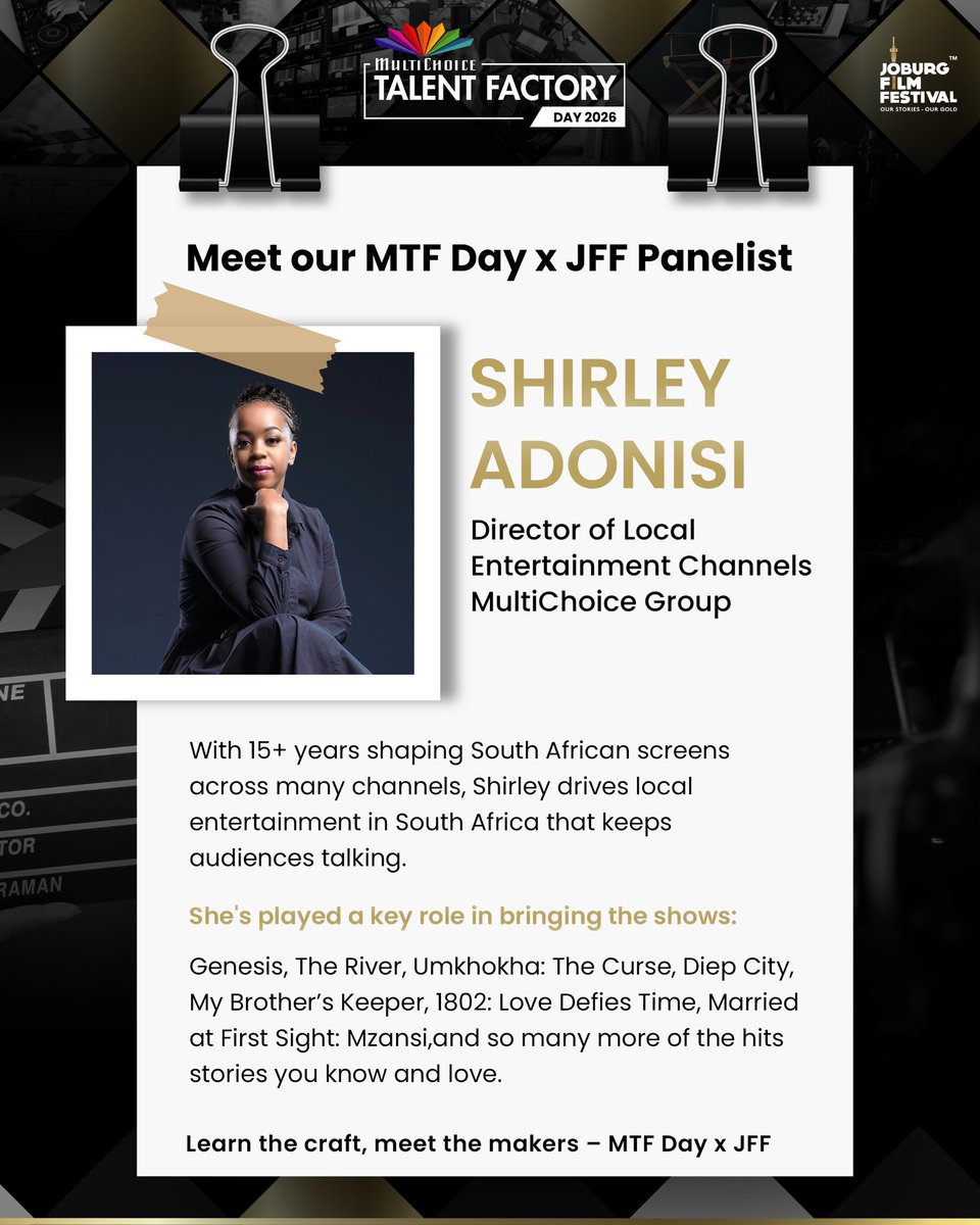 MCTalentFactory's tweet photo. The MTF Day x JFF panel is stacked.
Meet:
Tebogo Matlawa
Waldimar Pelser
Shirley Adonisi
Tracy-Ann van Rooyen
Swipe through to get to know the names shaping the industry right now.
#MTFDay #FeelTheFrame #EnrichingLives https://t.co/z9jsCR8ESZ