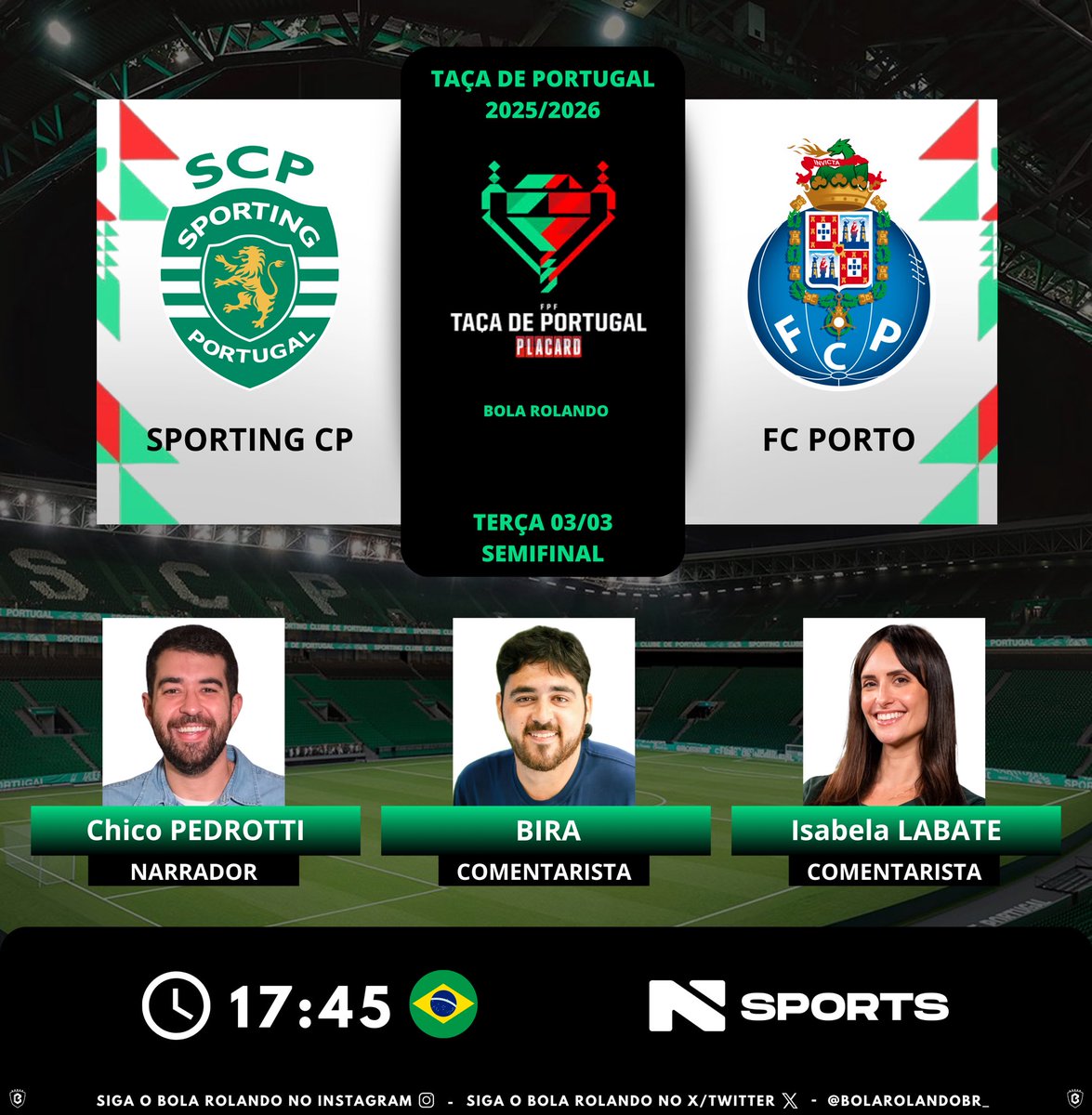 BolaRolandoBr_'s tweet photo. ⚽️🇵🇹 #TacadePortugal | Semifinal
⚔️ #SportingCP x #FCPorto
🎙️ Narrador: @chicopedrotti 
🎙️ Comentaristas: @tocaprobira - Isabela Labate
📺💻📱 @nsports 
#️⃣ #TaçaDePortugalNaNSports     
Siga nosso perfil e dê RT 🔃 https://t.co/8twJv8WfCU