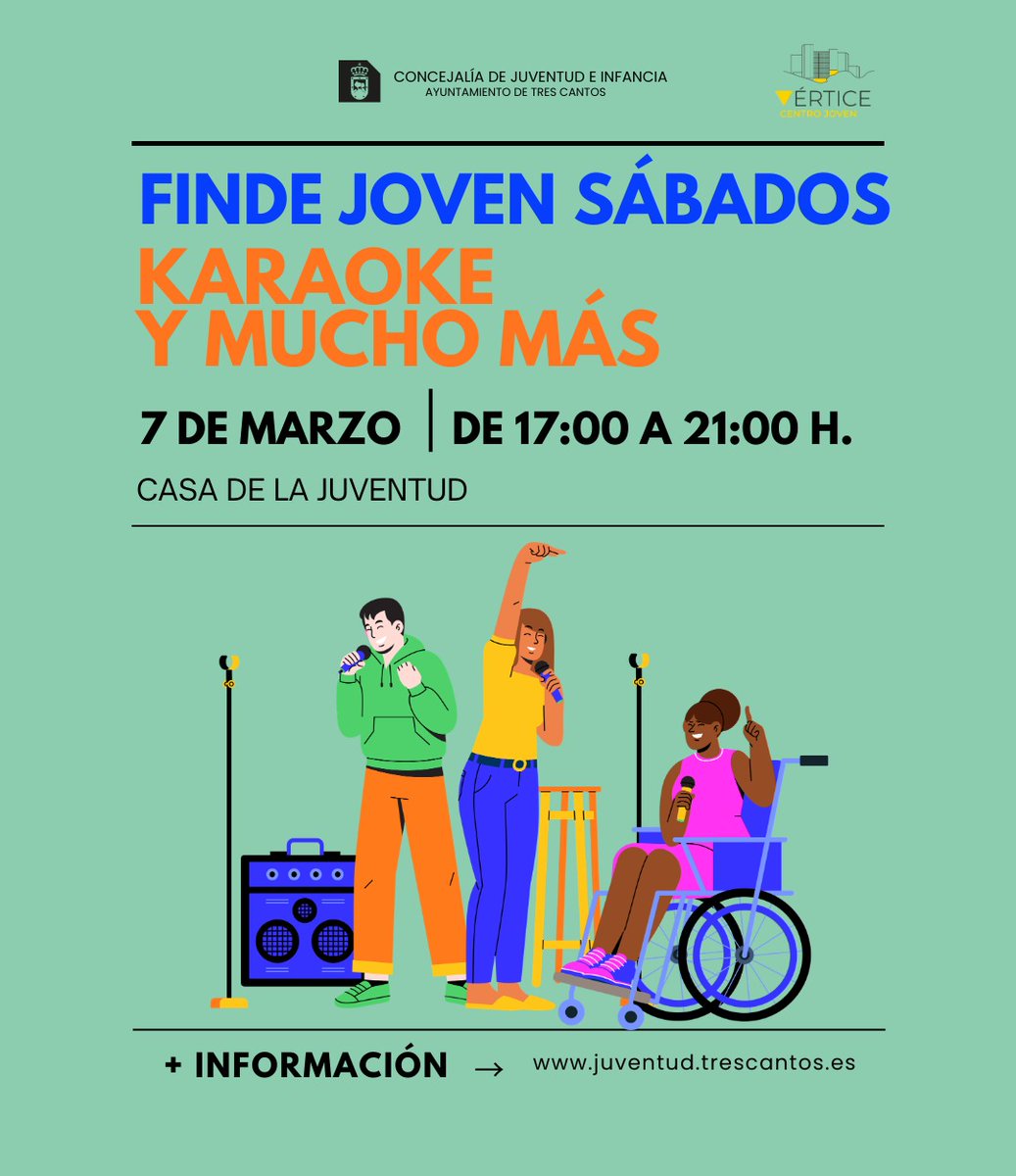 🎉✨ ¡El FINDE JOVEN se amplía a los sábados! ✨🎉
En #TresCantos ahora también nos vemos los sábados por la tarde 🙌
🕔 De 17:00 a 21:00h
📅 Sábado 7 de marzo
🎤 Actividad especial 18:00h → ¡TARDE DE KARAOKE!
Saca tu artista interior y canta tus canciones favoritas 🎶