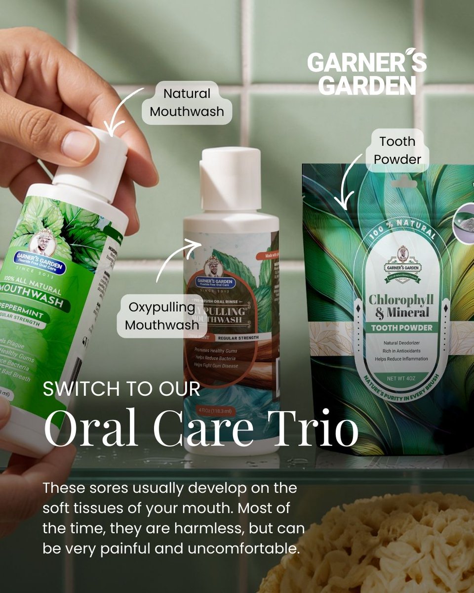 Garners_Garden's tweet image. Canker sores make every meal a struggle. Stop feeding the irritation with harsh chemicals and switch to the Garner's Garden Oral Care Trio. All-natural, organic ingredients designed to support your mouth, not sting it. Your gums will thank you. #NaturalHealth #OralCare