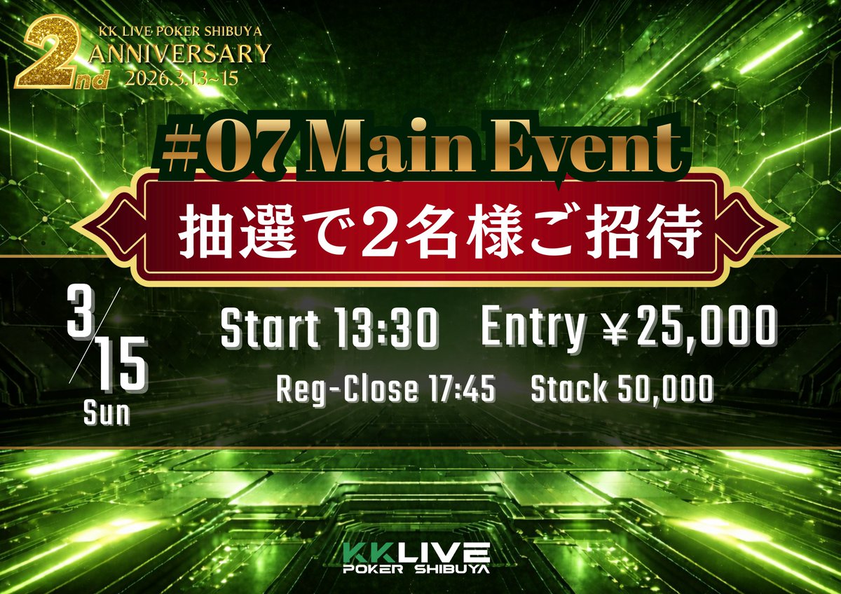 KKLIVESHIBUYA's tweet photo. 【 KKSB 2nd Anniversary 招待キャンペーン 🎊👑 】

🎉3/13(金)〜3/15(日)はKKSBの2周年イベント🎉

✨招待キャンペーン第二弾✨
抽選で【2名様】に、
「Main Event 25K 」の
参加権利をプレゼントいたします🃏🏆

━━━━━━━━━━━━
■ 日時 ｜ 3/15(日) 11:00〜
■ 方法 ｜ 【 フォロー 】＆【 引用リポスト 】
■ 締切 ｜ 3/10(火) 23:59まで
■ 発表 ｜ 3/12(木)
━━━━━━━━━━━━

KKSBの歴史に、その名を刻むのは誰か。
この投稿にアツい熱意を書いて引用して、ぜひ一緒に
2周年を盛り上げてください！🥂🔥

周年イベント詳細はこちら▼
https://t.co/wbCHPRuvZk