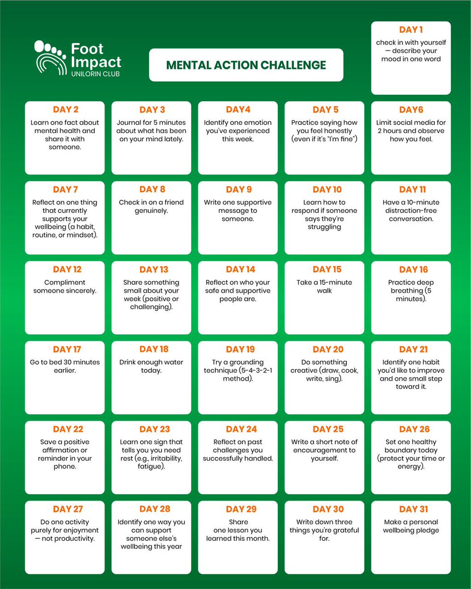 FootImpactUil's tweet photo. Welcome to Day 03💪
Mental Action March: JOURNAL FOR 5 MINUTES ABOUT WHAT HAS BEEN ON YOUR MIND TODAY
Hop on🔥 and remember to share with a friend.
Join our community today : https://t.co/JFUloYJP6S.
Follow us for more
IG - FootImpactUil
LinkedIn - Foot Impact Unilorin https://t.co/abtaXm2h0p