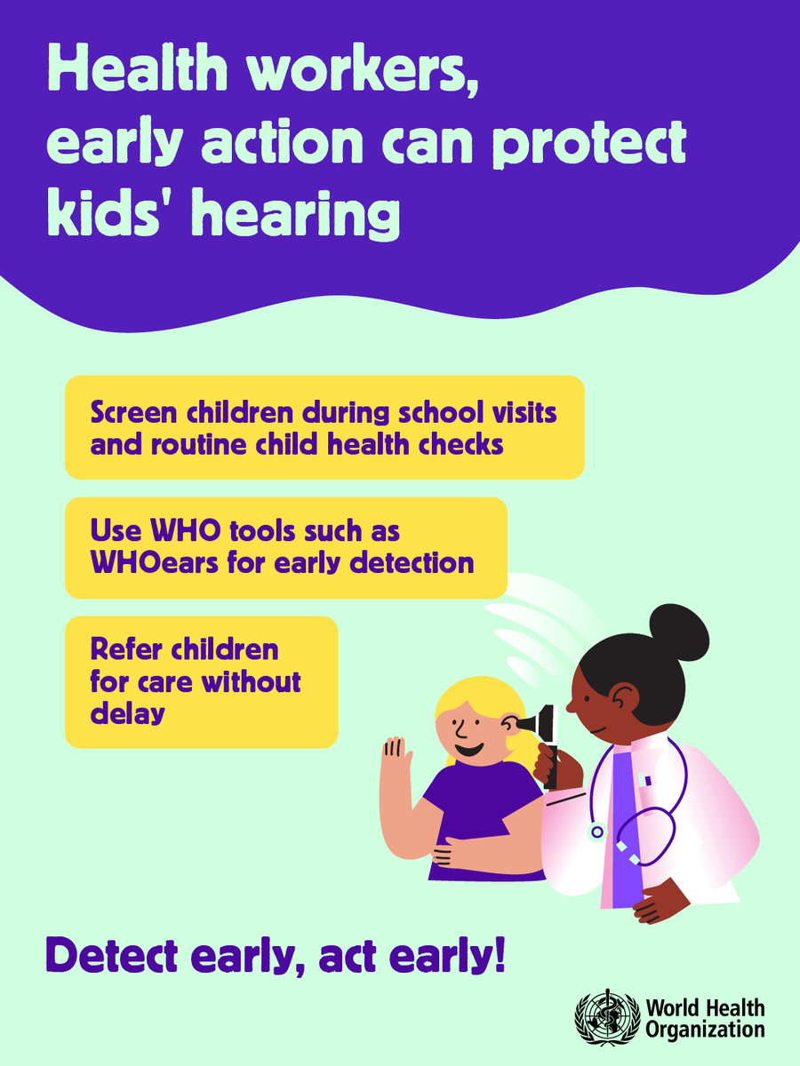 WHO's tweet photo. On #WorldHearingDay, a reminder for all health workers:

Untreated hearing loss can impact a child more than one can imagine. It can delay speech and language development, affect learning, and limit social interaction.

You can make a huge difference:
🔎 Screen during school visits and routine child health checks
👂 Use WHO tools, such as WHOears, for early detection
🩺 Refer children for care without delay

Learn more 🔗 https://t.co/GM2abakVHs