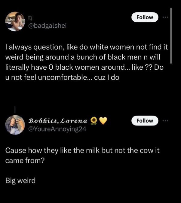 KingLohengramm's tweet image. Only the naive ones are “cool”
Rest just ignore em
#DrUmarsQueens will insult Charlotte everyday while also demanding friendships simply because they sleep with black men
They think they own us &amp;amp; if one likes BM, they need a handler or to pay homage (protection) #DickPoliceUnit