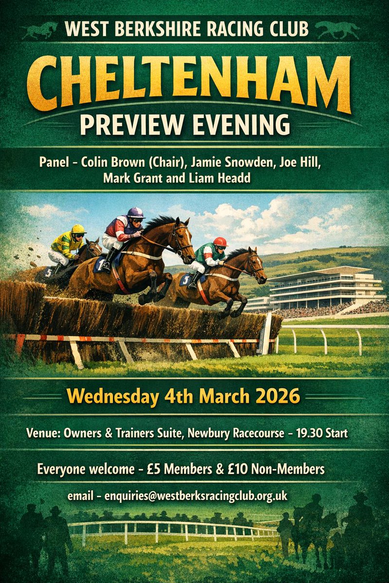 We look forward to welcoming you all to our Cheltenham Preview Evening <a href="/ColinENBrown/">Colin Brown</a> <a href="/LiamHeaddRP/">Liam Headd</a> <a href="/MarkGrantRacing/">Mark Grant</a> <a href="/jamiesnowden/">Jamie Snowden</a> <a href="/NewburyRacing/">Newbury Racecourse</a> <a href="/IJF_official/">Injured Jockeys Fund</a> <a href="/Racingwelfare/">Racing Welfare</a> #Cheltenham #CheltenhamFestival #NewburyRacecourse