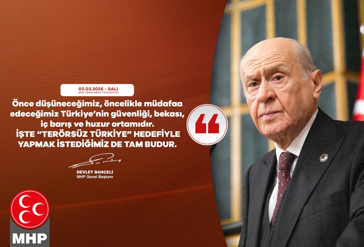 Ulku_Ocaklari's tweet photo. Önce düşüneceğimiz, öncelikle müdafaa edeceğimiz Türkiye’nin güvenliği, bekası, iç barış ve huzur ortamıdır.
İşte “Terörsüz Türkiye” hedefiyle yapmak istediğimiz de tam budur.

MHP Genel Başkanı
Devlet BAHÇELİ https://t.co/uN35oXvQxY