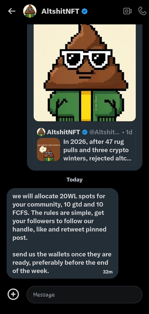 Latest update 

20 Altshit spot secured for my community, 

10 GTD spot and 10 FCFS.

Supply: 5555
Mint Date: TBA
Blockchain: Base 

REQUIREMENTS:

Follow: @altshitnft x <a href="/HushOfLife/">HushOfLife</a>
Like, Retweet and comment on their pinned tweet.

picking winners soon ⏳️