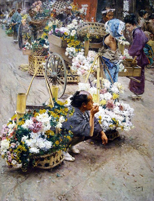 bijutsufan's tweet photo. ロバート・フレデリック・ブルーム『花売り』1892年   個人蔵 https://t.co/zs5WjNpMCN