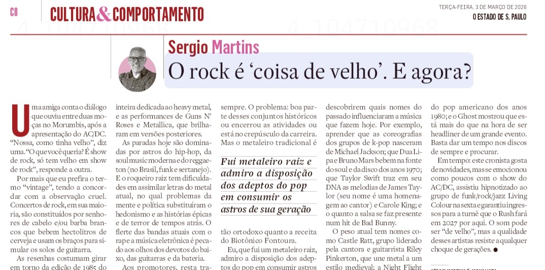 Hoje, em <a href="/EstadaoCultura/">Cultura Estadão</a> , explico por que o rock virou "coisa de velho". Coluna surgida a partir de uma conversa com a amiga <a href="/_DriBarros/">Adriana de Barros</a>