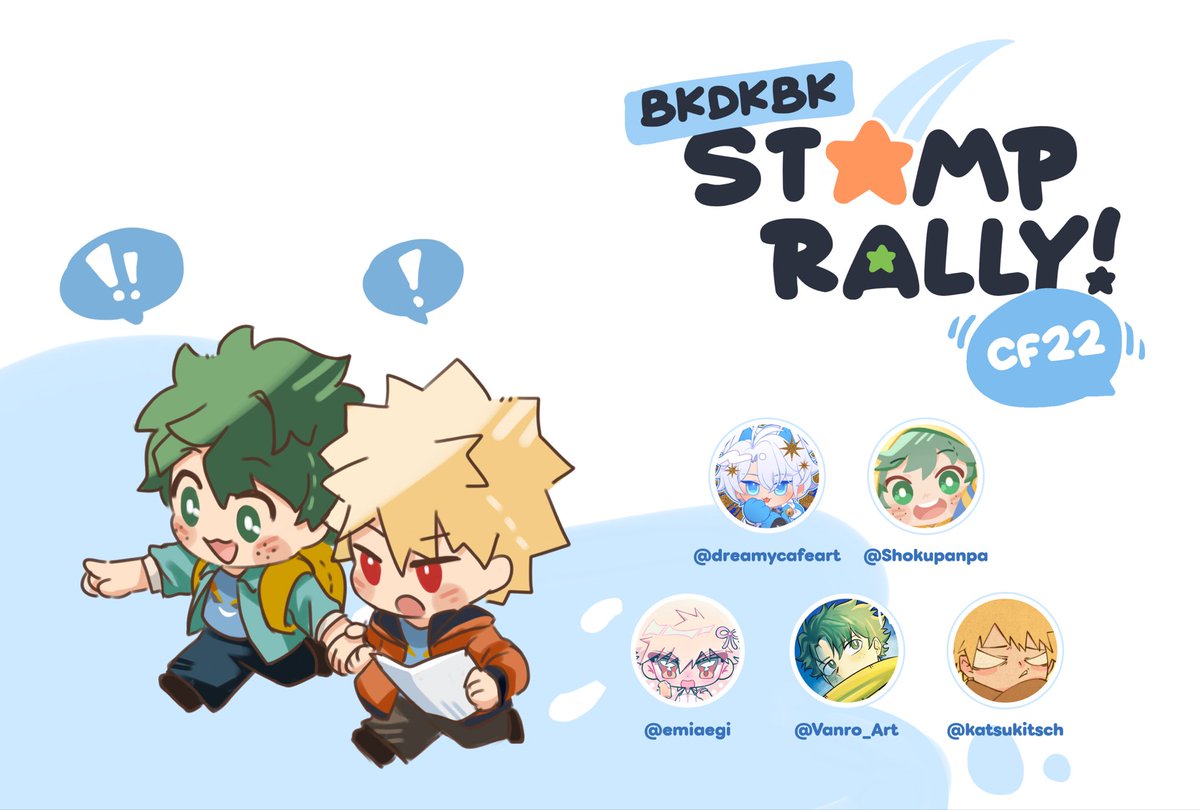 Hi guys! If you're planning to go to Cf22, Don't miss our BKDKBK stamp rally!

✨Participating Artists✨
<a href="/dreamycafeart/">Cia ✨</a>
<a href="/Shokupanpa/">Ruu 🍞</a> 
<a href="/emiaegi/">emi 🍥 cf22 prep</a> 
<a href="/Vanro_Art/">Vanro Art (CF 22 prep 🫠)</a> 
<a href="/katsukitsch/">🐋</a> 

Rules &amp; Prize are coming soon~ 🥰
#cf22 #mha #bkdk #dkbk