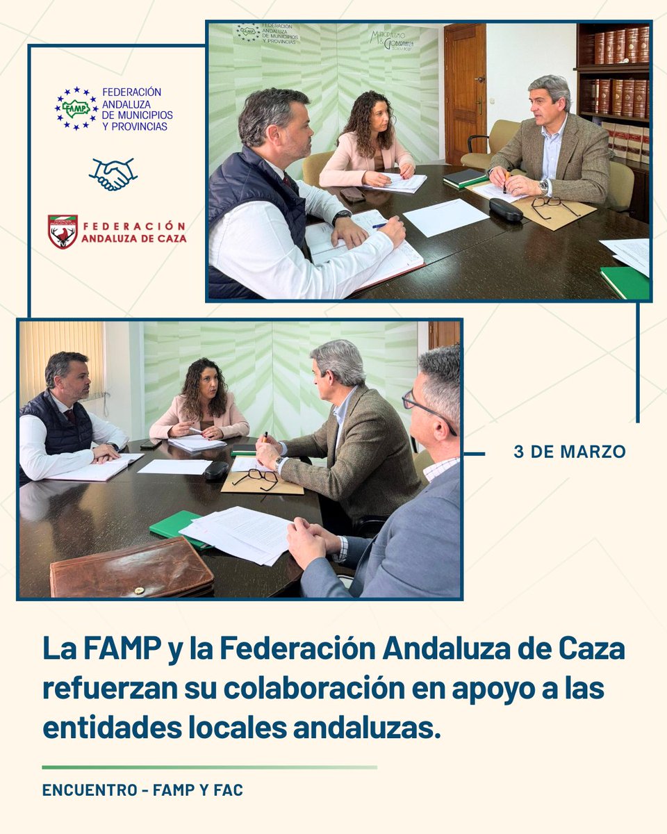 FAMPcomunica's tweet photo. 🤝 La #FAMP y la @andaluciacaza refuerzan su colaboración para apoyar a los ayuntamientos andaluces.
@YolandaSezCuev1 y José María Mancheño abordan la aplicación de la Ley de Bienestar Animal y la cooperación en sanidad animal y salud pública.
Más info: https://t.co/YKmLzSezcw https://t.co/D8nxXuv07o